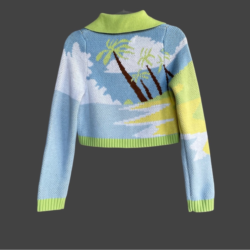 HOUSE OF SUNNY Lime Green Blue Tropical Knit Cropped Collared Cardigan Sweater - Picture 7 of 17